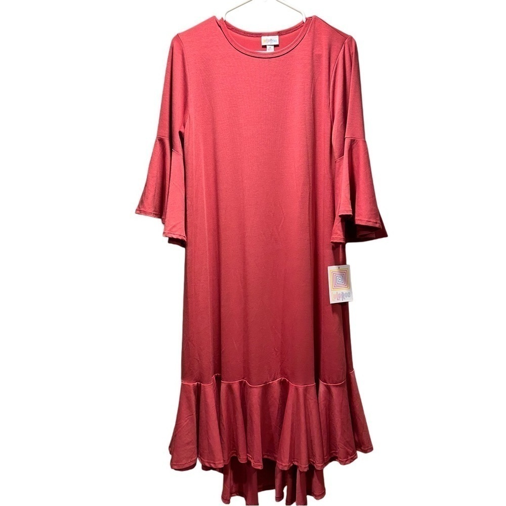LulaRoe Maurine Dress Long Sleeve 3/4 Bell Sleeve Ruffle Hem Line Red 8-10 M - Picture 6 of 16